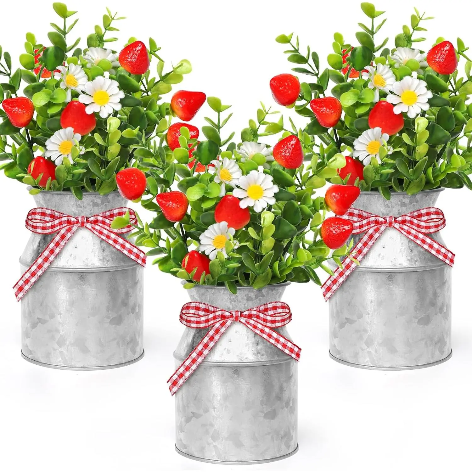3-Pack Farmhouse Artificial Strawberry & Daisy Plants, Decorative Mason Jar Table Centerpieces for Summer Wedding, Tiered Tray Fruit Decor, Synthetic