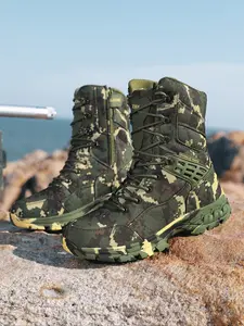 One pair of men's outdoor sports shoes. These high - top boots can serve as Durable Outdoor Hiking Tactical Boot. They have a camouflage pattern, a breathable fabric lining, and anti - slip soles, making them suitable as military boots.