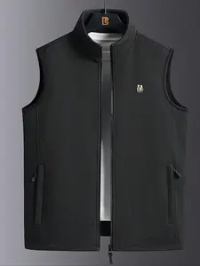 Men's Solid Color Thermal Lined Vest Jacket, Loose Casual Comfy Sleeveless Zip Up Crop Gilet for Fall & Winter, Men's Clothes for Daily Wear, Tops