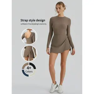 Women's Plain Quick-Dry Fleece Yoga Dress, Comfortable Tight-Fit Sportswear for Gym & Outdoor Activities, Fall Winter Long Sleeve Dress