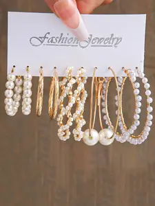 Women's 5 Pairs Faux Pearls Alloy Hoop Earrings