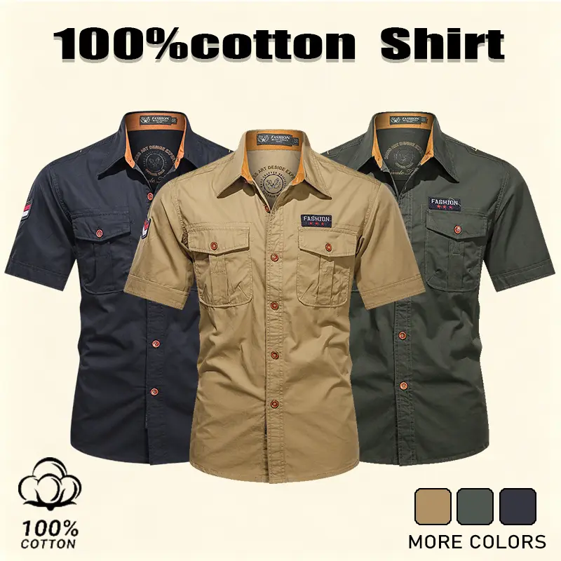New American Executive Summer Double Pocket Half Sleeve Shirt Men's Casual Military Wear Short Sleeve Shirt Thin Men's Style