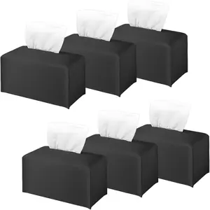6 Pack Tissue Box Cover Rectangle, PU Leather Tissue Box Holder with Bottom Belt, High Flat Box Holder for Tabletop, Bathroom,  & Office - Aesthetic  & Desk Organizer (Black)