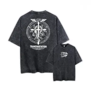 Fullmetal Alchemist Transmutation Circle Anime T Shirt Retro Washed Black Cotton Inspired Print Short Sleeve Crewneck Casual Oversized Streetwear Top for Adults