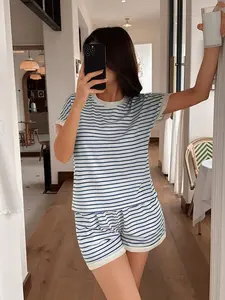 Spring Summer New Striped Print Women's Sleepwear Loungewear Pajama Set, Elastic Fabric Comfortable Soft Skin-Friendly, Indoor Outdoor Wear, Elegant Casual Home Clothes Two-Piece