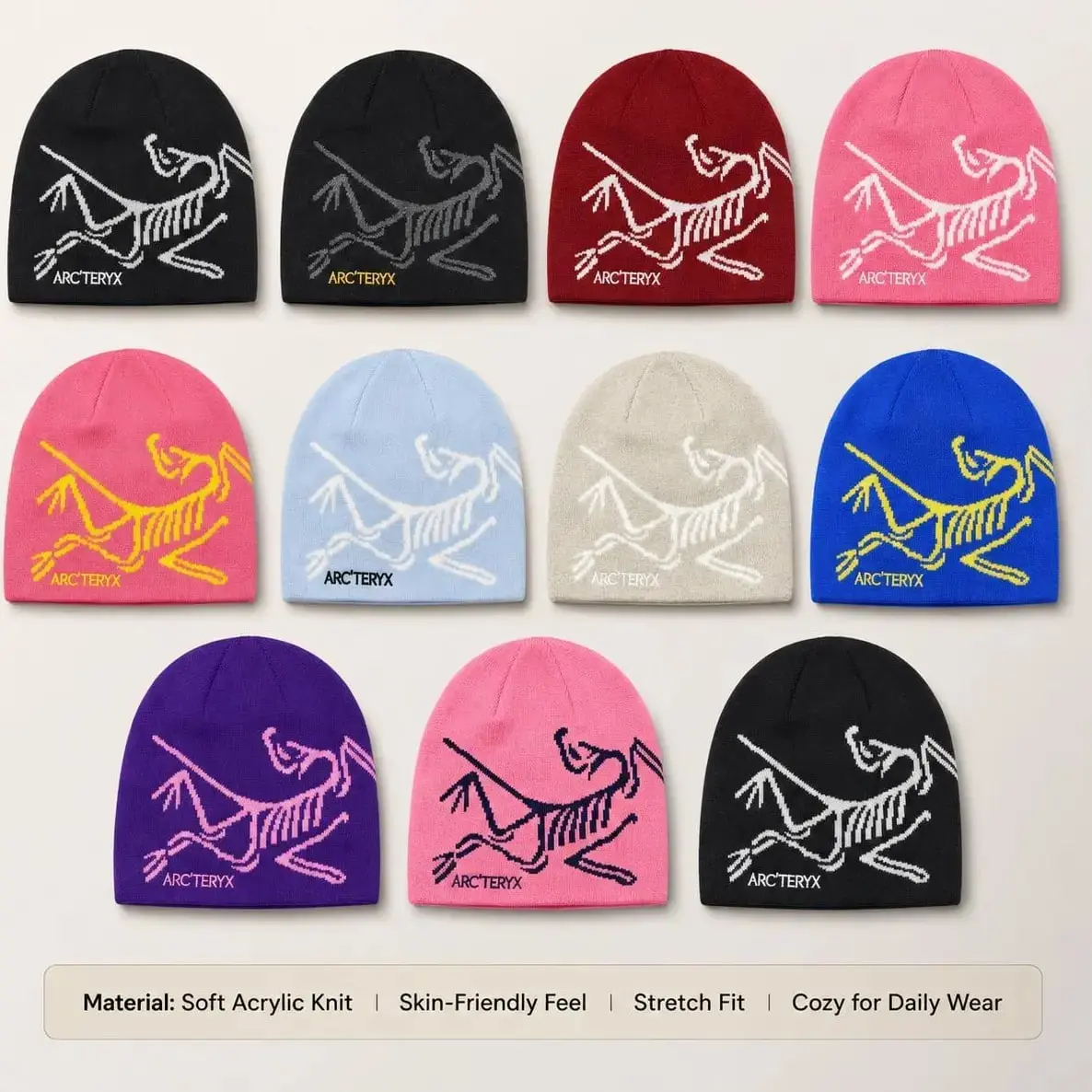 Arc'teryx Bird Head Toque Beanie – Blue, Black, Yellow & White Winter Knit Hat, Oversized Skeleton Logo Design, Unisex Warm Cozy Outdoor Headwear for Ski Snowboard Hiking Camping Travel, Streetwear Fashion, Winter Sports & Everyday Wear