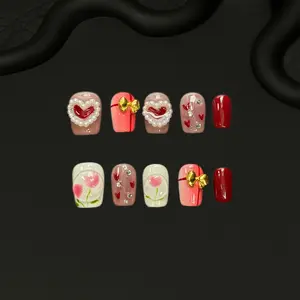 Square Short Press On Nail #301-314 Blue Red Pink Handmade 3D Long Lasting Reusable Premium Salon Quality Nails with Elegant Designs