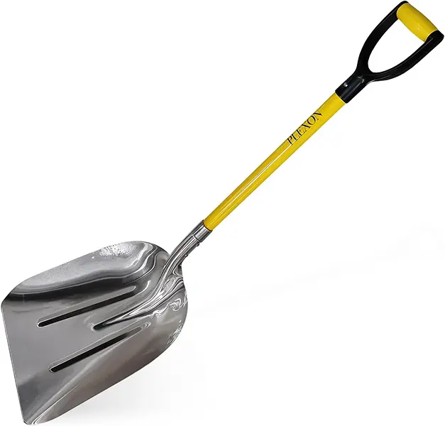 Plexon Metal Scoop Shovel - 12in & 15in Aluminium-Steel Blades, 47.3in Length, Ergonomic Fiberglass Handle, Plastic D-Grip, Heavy-Duty for Driveway, Car, Farm Grain Handling & Coal Cleaning