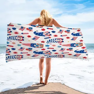 Patriotic Usa Gnome & Flag Beach Towel, Oversized Quick-Dry Towel, Blue Floral Design, Perfect for Beach, Pool & Summer Travel