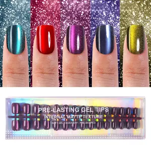 Cat Eye Press on Nails Short Square, Soft Gel Fake Nails, Glossy Glitter Cat Eye Nail Tips for Women and Girls Stick On
