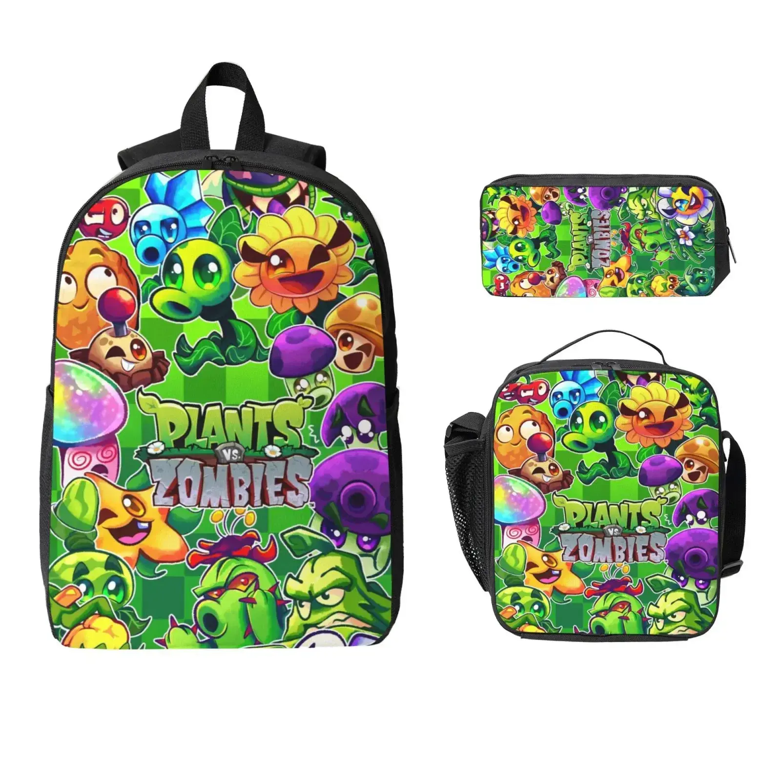 "Plants vs. Zombies" Game Print 3-Piece Backpack Kit, Includes School Backpack, Lunch Bag & Pencil Case, Adjustable Straps, Zipper Closures, Lightweight Spacious Polyester Bag, Prop 65 Safe