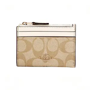 COACH Skinny 11 Monogram Coated Canvas and Leather Card Holder Clutch Bag for Women, Minimalist White and Khaki