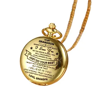 To My Grandson Engraved Gold Pocket Watch Necklace - Birthday & Graduation Gift