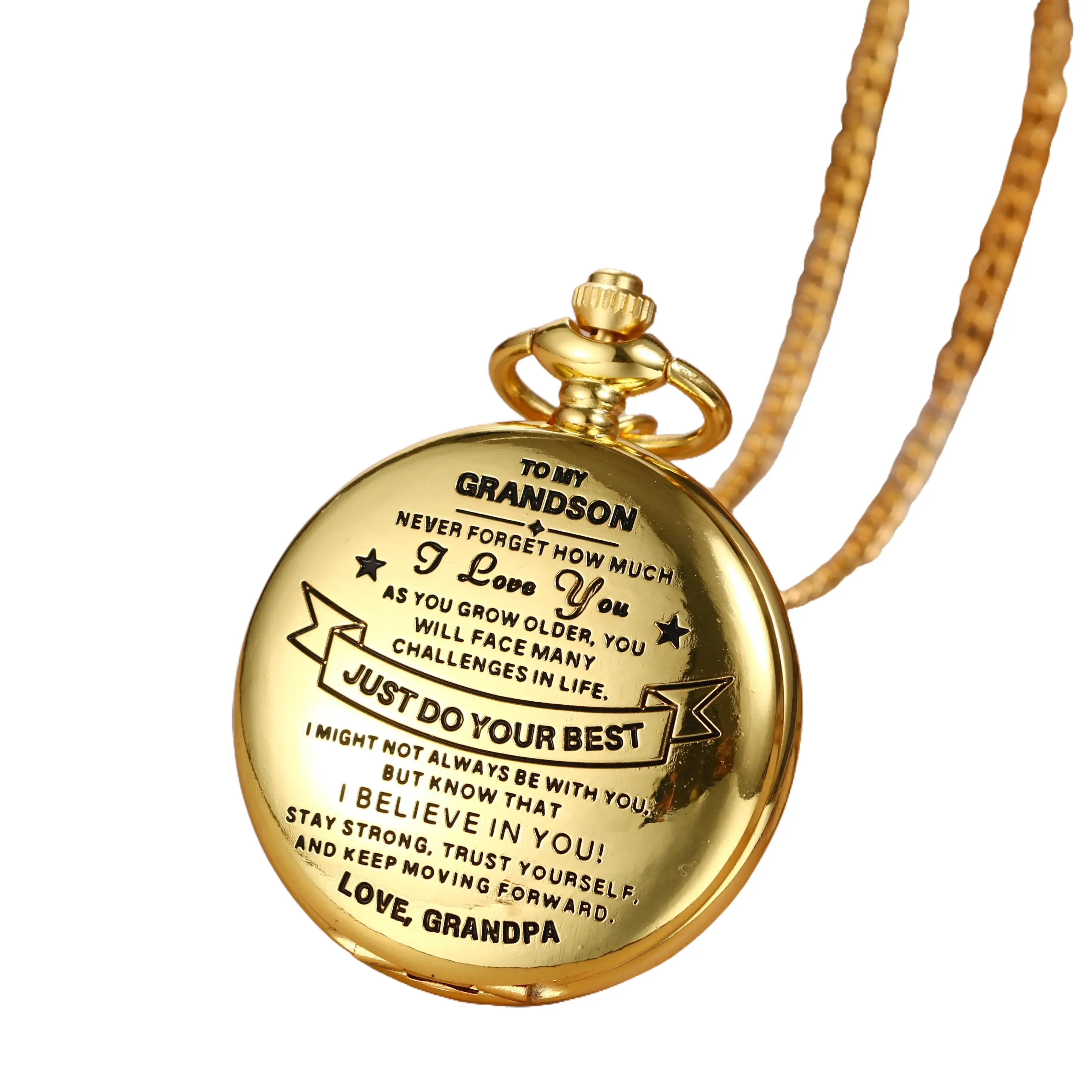 Pocket & Fob Watch for Grandson, Vintage Gold Plated Custom Design with Round Face & Decorative Engraving, Birthday Graduation Gift