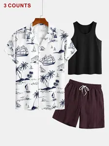 Men's 3-Piece Hawaiian, Tropical Nautical Print Camp Shirt + Tank Top + Casual Shorts, Beach Vacation Leisure Tracksuit