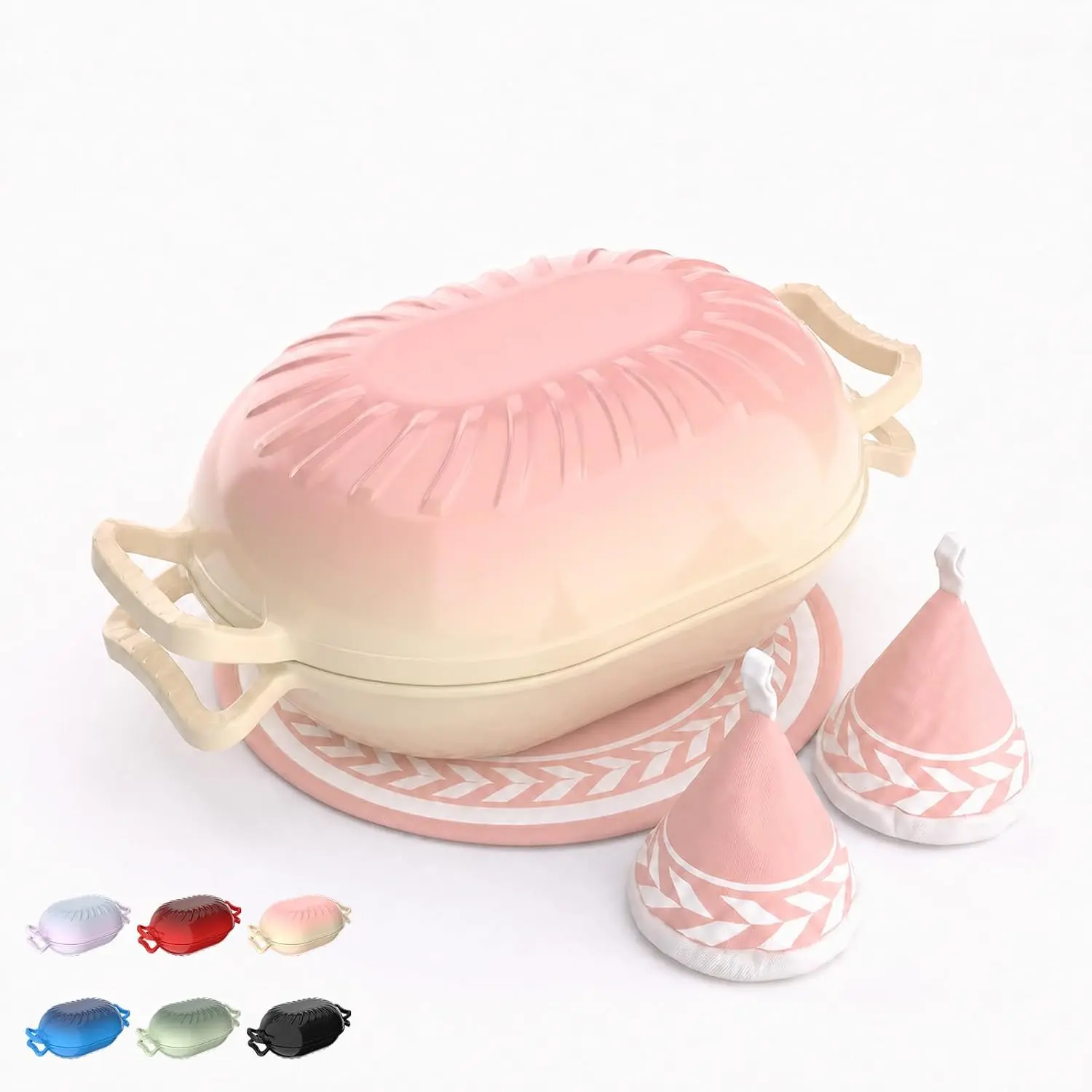 ROVSUN 5QT Enameled Cast Iron Dutch Oven with Lid, Oval Bread Baking Pot for Sourdough & Artisan Bread, PFAS-Free Nonstick Enamel Pot for Braising & Roasting, Gloves & Mat Included, Rose Pink
