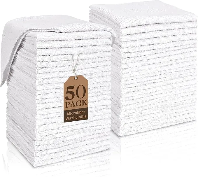 TEAWOO White Washcloths Bulk 50 Pack, Highly Absorbent & Quick Drying Face Towels, Premium Quality Soft Bath Towels, Multipurpose Microfiber Wash Cloths, 12x12 inches
