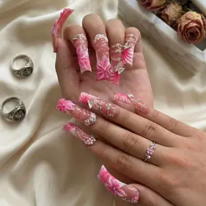 AVIARA Long Square 10pcs 3D  Handmade Acrylic Press On Nails Luxious Salon Quality Fake Nail detachable aqua nails