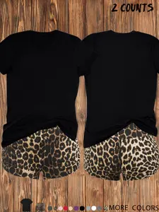 Women's Letter Print Tee & Leopard Print Shorts Two-Piece Set, Casual Round Neck Short Sleeve T-Shirt & Skinny Shorts, Ladies Summer Clothes Womenswear