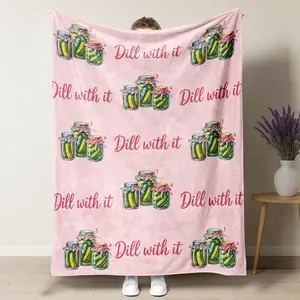 Cute Pink "Dill With It" Throw Blanket - Coquette Aesthetic Pickle Jar Fleece - Preppy & Funny Room Decor for Teen Girls Bestie Gift