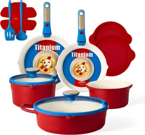 CAROTE 17Pcs Titanium Cookware Set, Pots and Pans Set Non Stick, Kitchen Cooking Set with Detachable Handle, Non Toxic Induction Cookware, Dishwasher/Oven Safe，Memphis Design