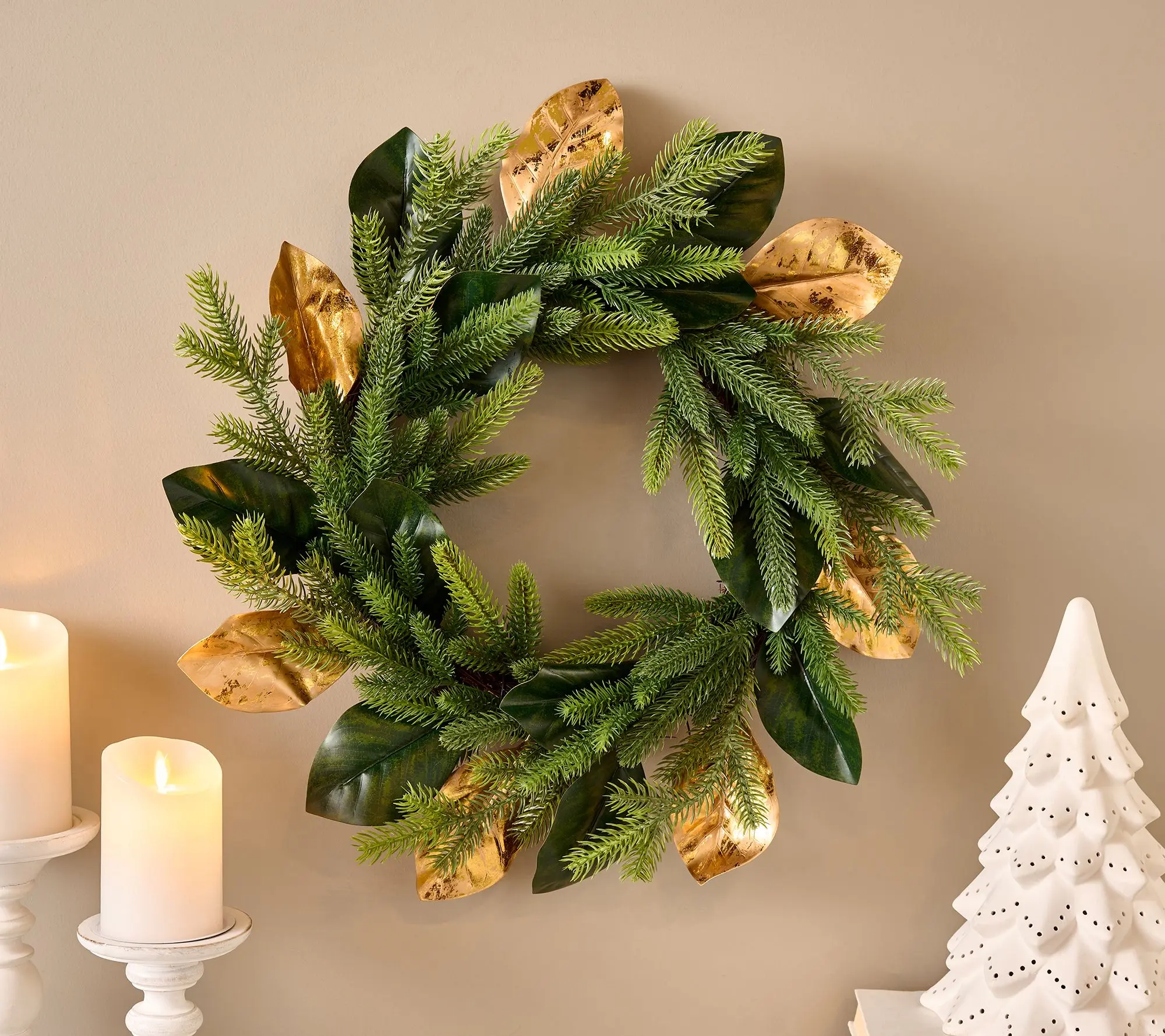 22" Magnolia Wreath with Gold Detail by Kim Gravel 22" Magnolia Wreath with Gold Detail by Kim Gravel