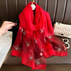 In Stock Solid Color Rhinestone Small Flower Pearl Scarf Long Scarf Sun Protection Shawl Fashion Versatile Women's Silk Scarf