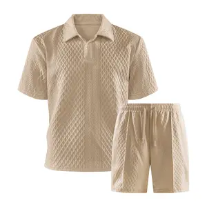 Men’s two-piece set for summer: solid-color casual sports short-sleeve polo shirt paired with lightweight shorts featuring a pocket, drawstring, and elastic waistband; suitable for vacations, the beach, golf, and outdoor sports. Made from breathable, cool