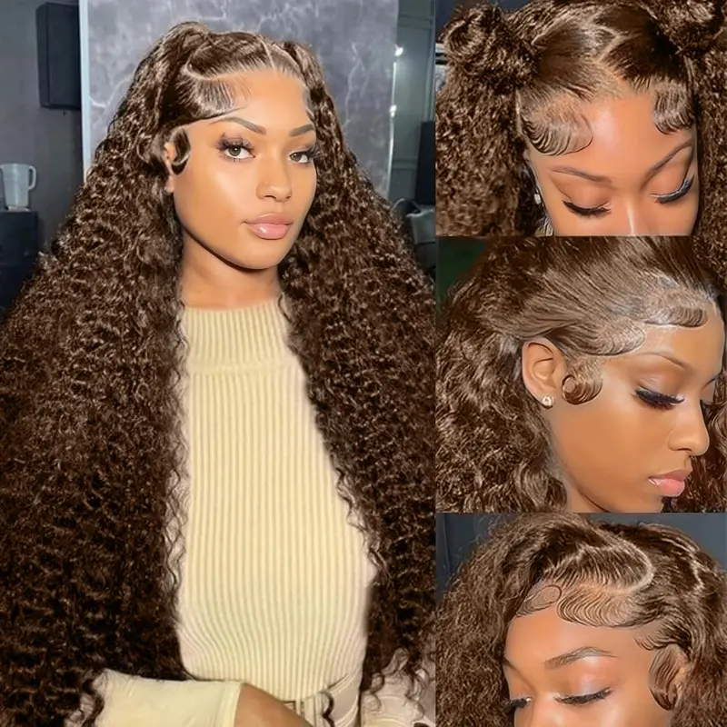 Chocolate Brown Lace Front Wigs Human Hair 13x6 HD Deep Wave 180 Density Deep Curly Lace Frontal wigs for black women Pre Plucked with Baby Hair Natural Hairline