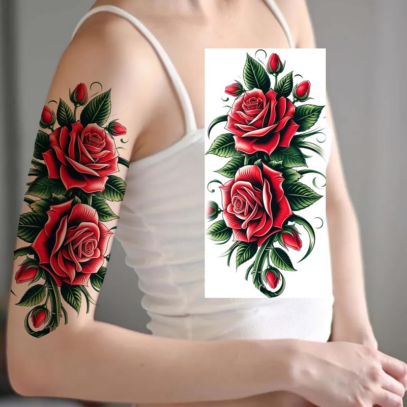 Women's Fashion Realistic Assorted Temporary Tattoos Bundle - 6 Nontoxic Waterproof Long-Lasting Pre-Packaged Stickers (3 Fixed, 3 Random: Rose, Multi-Body) - Adults' Casual Use on Arm, Face, Hand, Ankle, Ear, Feet - Suitable for Glass Surface, Parties