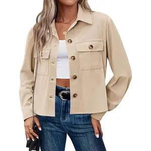 Women’s Fashion Cropped Corduroy Shackets, Button-Down Jackets, Tops, Fall Trendy Long-Sleeve Shirts