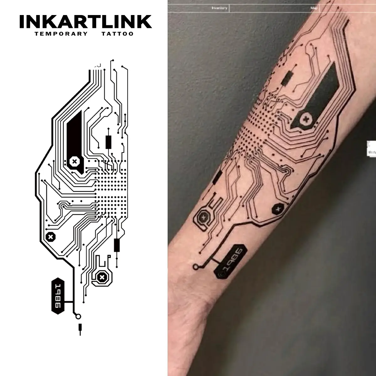 INKARTLINK Tattoo Tech, 2 Sheets Semi-Permanent Temporary Tattoos, Circuit Chip Tattoo, Adult Art Design,Lasts 1-2 Weeks, Waterproof, Realistic Look, No Adhesive, No Reflection,For Man And Woman,Ideal for Swimming, Party