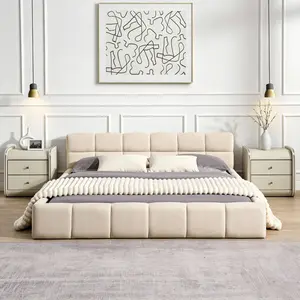 Elegant Style Ultra-Plush Beige Chenille Upholstered Bed Frame - Queen/King Size Modern Platform Bed with Checkerboard Headboard, Indoor Bedroom Furniture, Upholstered Bed Frames