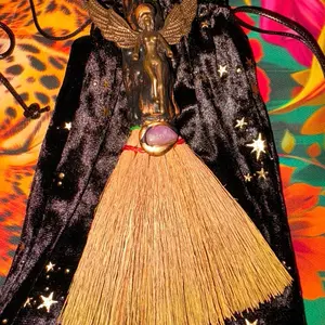 Aura Broom with Gold Angel + Velvet Bag for Cleansing & Healing