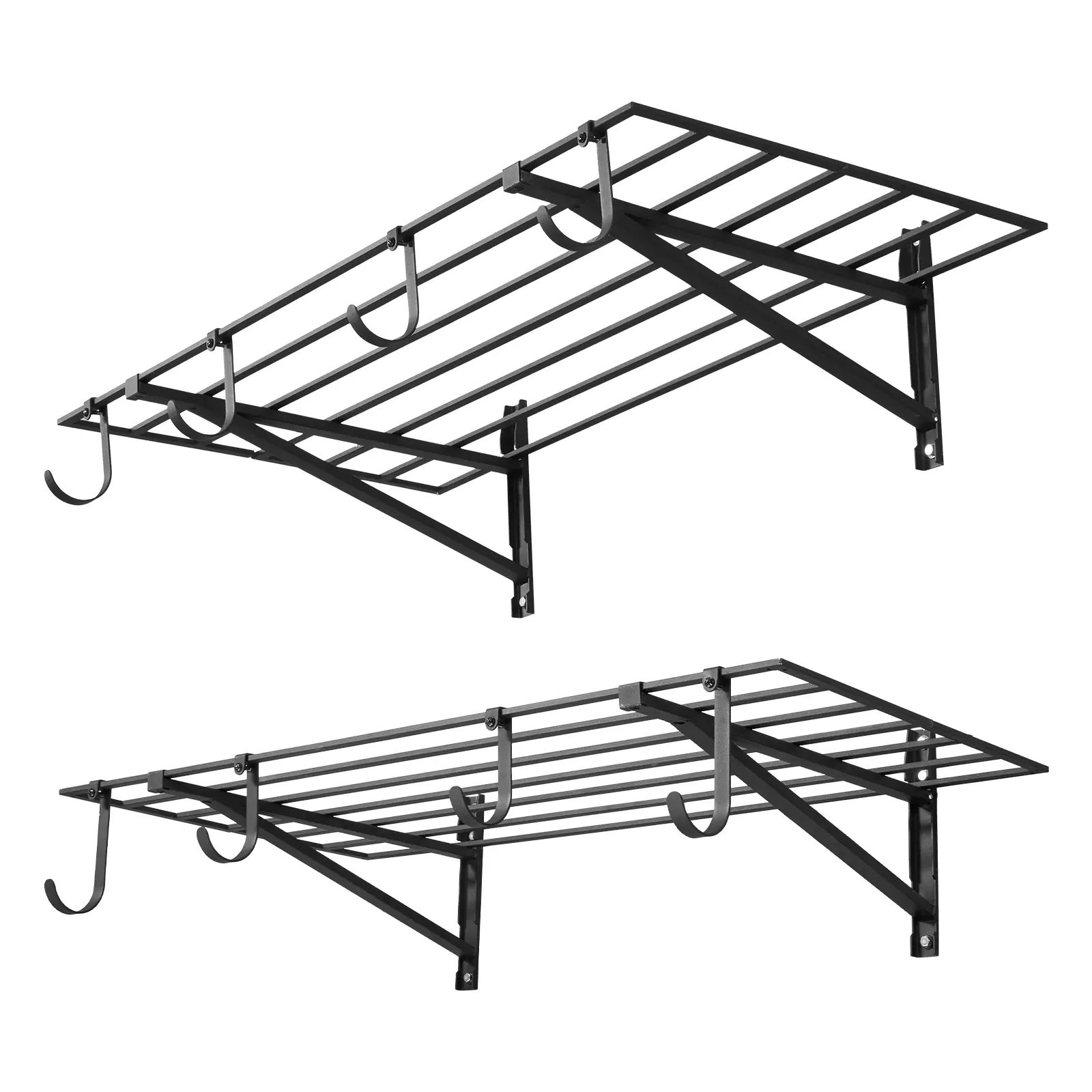 VEVOR Heavy Duty 2-Tier Wall-Mounted Garage Shelving Kit, 2x4 ft Steel Wall Hanging Storage Rack with Hooks, 24x48" Per Shelf, 520lbs Total Capacity, Easy Installation, Black for Garage Organization (summerfinds DealsForYouDays)