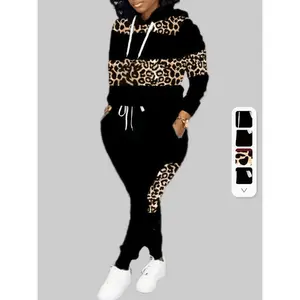 Plus Size Sportswear Two-Piece Set, Women's Clothing plus Leopard Print Long Sleeve Drawstring Hoodie and Drawstring Jogger Pants Clothing Two-Piece Set Can be used with a raincoat