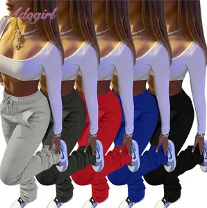 Stacked Pants Women Solid High Waist Drawstring Bell Bottom Flare Pleated Pants Casual Active Leggings Thick Sweatpants Trousers Womenswear