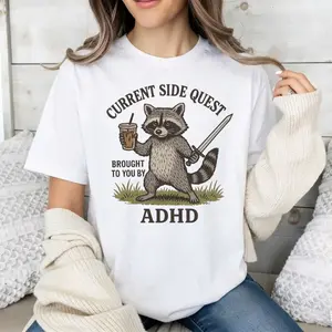 Current Side Quest Brought To You By ADHD T-Shirt Funny Raccoon Trash Panda Iced Coffee Gamer Graphic Tee Neurodivergent Relatable Meme Top