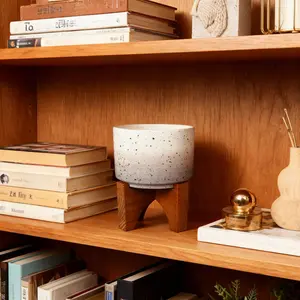 4.5" Grey Ombre with Specks Ceramic Pot on Wood Stand - Modern Chic Design, Durable Material,  4.5 x 7.5 x 8.125 inch