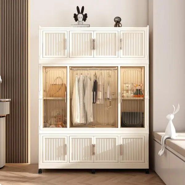 Bellemave Heavy-Duty Freestanding Above-Ground Portable Wardrobe Closet - 36x18x62in, Collapsible Expandable Folding Organizer, Tool-Free Assembly, 12 Magnetic Doors, 12 Cubes, 1 Hanging Rod, 6 Hangers, Casters, White Indoor Furniture Cabinet, Collapsible