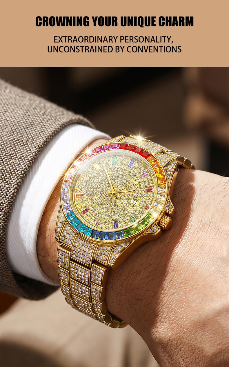 Men's Multifunctional wristwatch Luxury Rhinestone Embellished  QuartzWatch Rainbow Crystal Chronograph  with Gift Box Included Fashion Timeless ClassicWatch Flash Sale -Fashionable