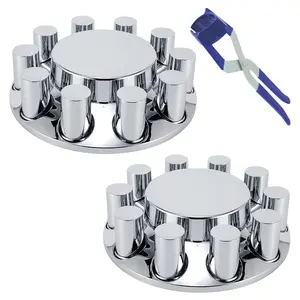 ABS Chrome Plastic Front Axle Cover Kits with 33mm Push-On Flange Lug Nut Covers for Semi Trucks in Pairs, 2 Set