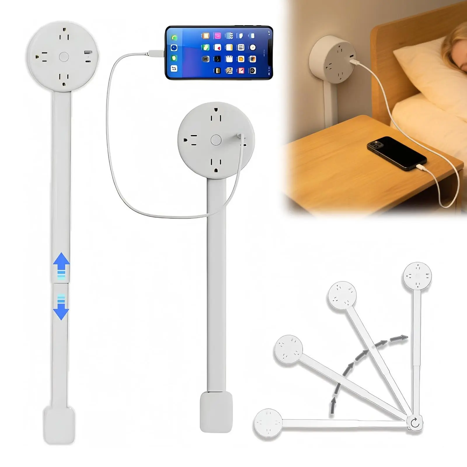 Upgraded Electrical Outlet Extender,Extendable and Rotating Outlet, Access Hard-to-Reach Outlets Features USB-A, USB-C, and 2 AC Outlets, Extends 22"-34", Rotates 180°.  Use Behind Couches, Nightstands, Desks, and More.