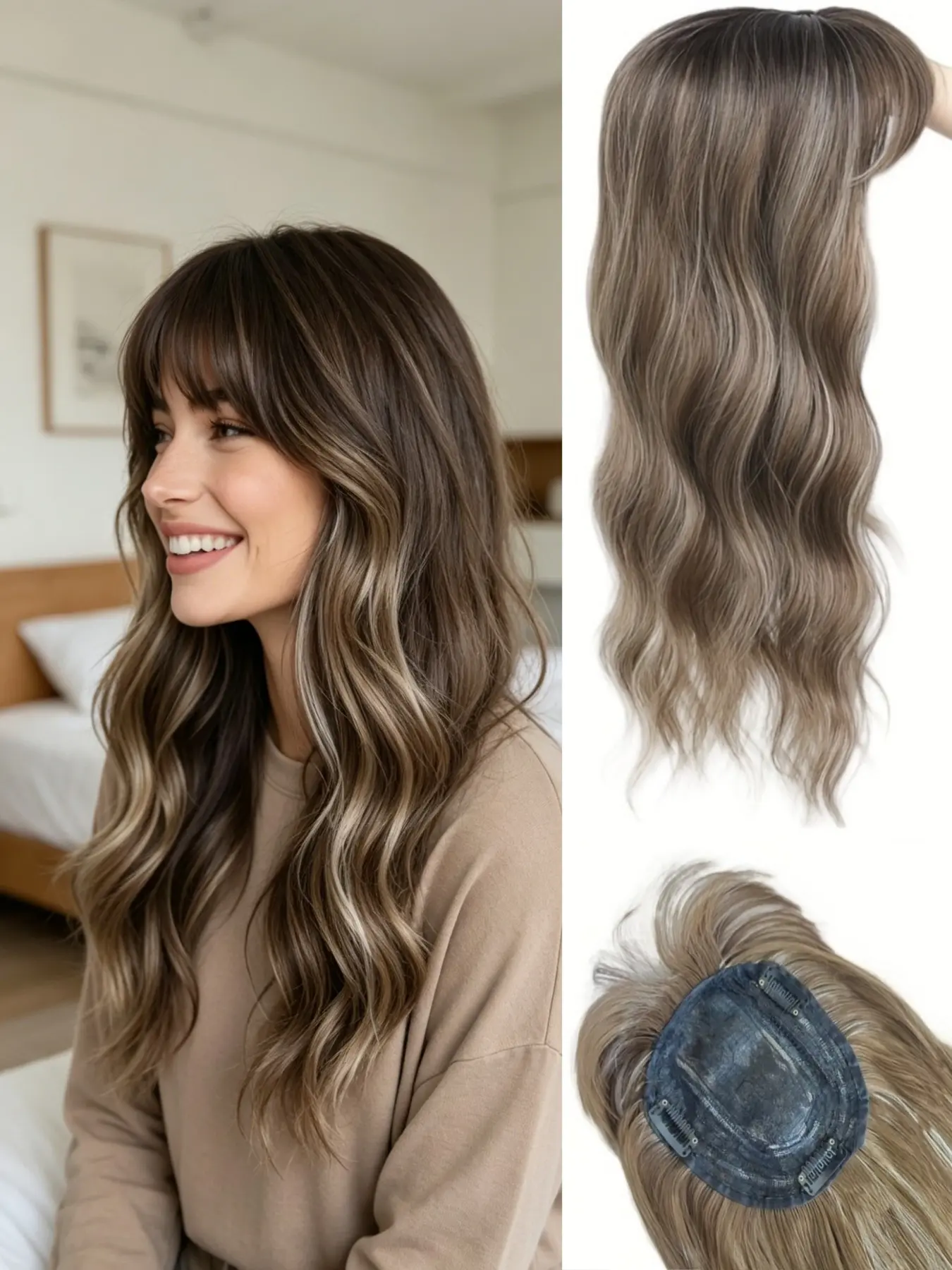 Women's Wavy Clip-In Hair Topper with Bangs | Ash Brown Ombre Synthetic Hair | Premium Kanekalon | Natural Volume for Thinning Hair, Style Upgrade | Synthetic Fiber Extensions | Wavy Synthetic Hairpiece
