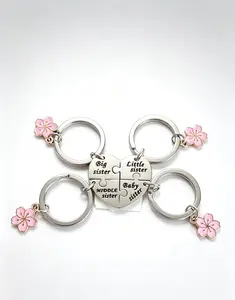 4-Piece Sisters Matching Puzzle Keychain with Cherry Blossom Charm - Big, Middle, Little & Baby Sister Keychains, Meaningful Gift for Moms for Mother's Day, Birthday