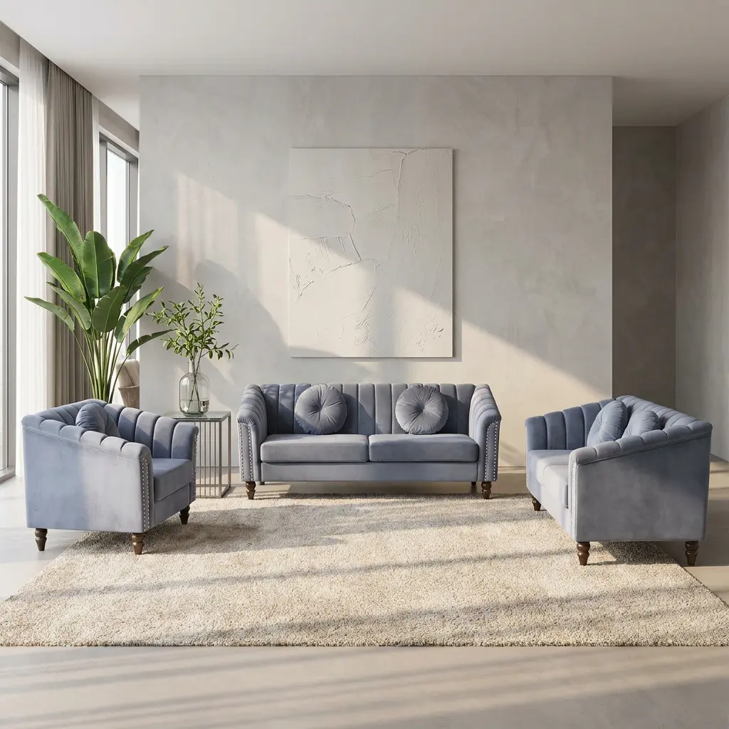 Living Room Grey Microfiber 3-Piece Sofa Set, Indoor Furniture Couch Set