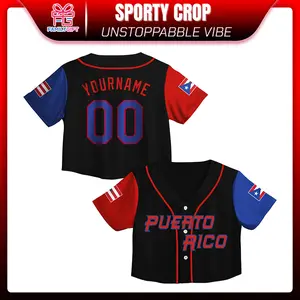 Custom Puerto Rico Baseball Jersey Crop Top – Personalized Name & Number, Black Button Up Jersey with Red Blue Sleeves