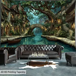 1pc Enchanting Town Bridge River Tapestry - Large 95g/ ㎡     Polyester Wall Hanging, Dreamy Landscape with Stone Houses & Arched Bridge, Perfect for Living Room, Bedroom, or Dorm Decor, Includes Free Hanging Clips, Bedroom Wall Art |     Enchanting Scene