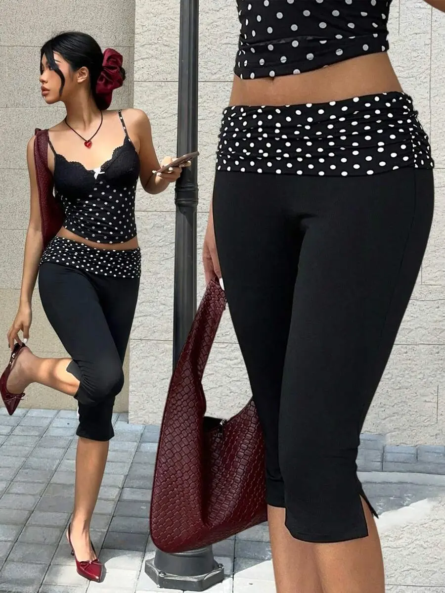Kloset x MainGRL Black Polka Dot Side Slit Casual Skinny Capri Leggings For Women,New Year Women,Casual For Women