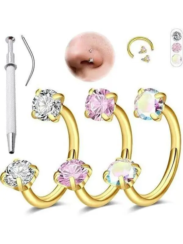 Hypoallergenic Surgical Steel Nose Studs Set L Shaped Bone Screw Pins with Opal Gems Anti Allergy Piercing Kit Nose Rings Hoop Multi Sizes Body Piercing Jewelry Pack Clear CZ Diamond Inlaid Nose Piercing Jewelry Retainer Bulk for Men Women Piercing